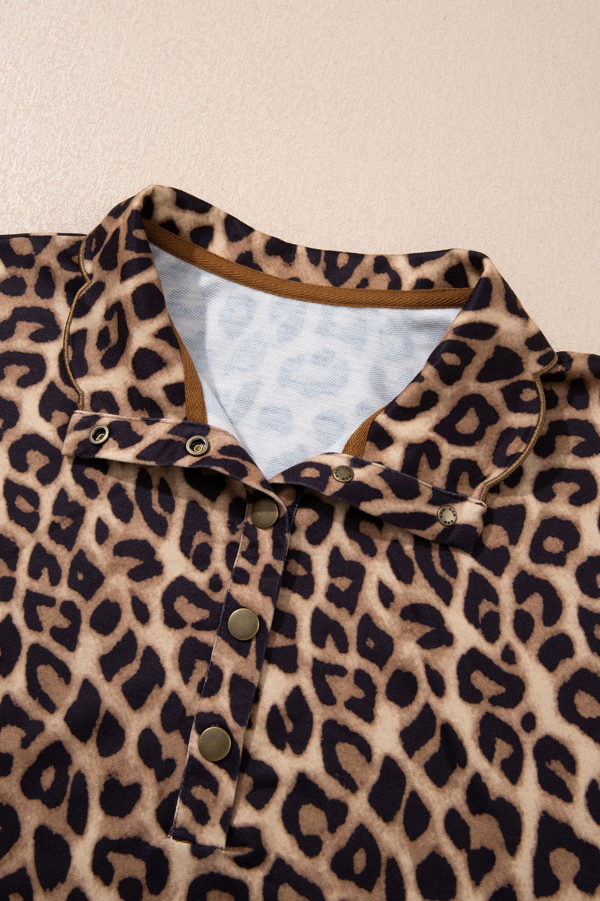Khaki Buttoned Collar Short Sleeve Shift Leopard Dress with Pockets