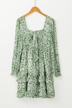 Green Floral Print Square Neck Shirred Waist Tiered Ruffled Mini Dress