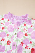 Pink Floral Print Striped Trim Frilled Neck 3/4 Sleeve Flared Mini Dress