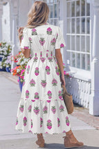 Green Floral Print Split Neck Shirred High Waist Ruffle Hem Maxi Dress