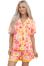 Pink Short Sleeve Pumpkin Print Pocket Placket Shell Button Lounge Set