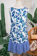 Sky Blue Floral Print U Neck Sleeveless Striped Ruffle Hem Patchwork Dress