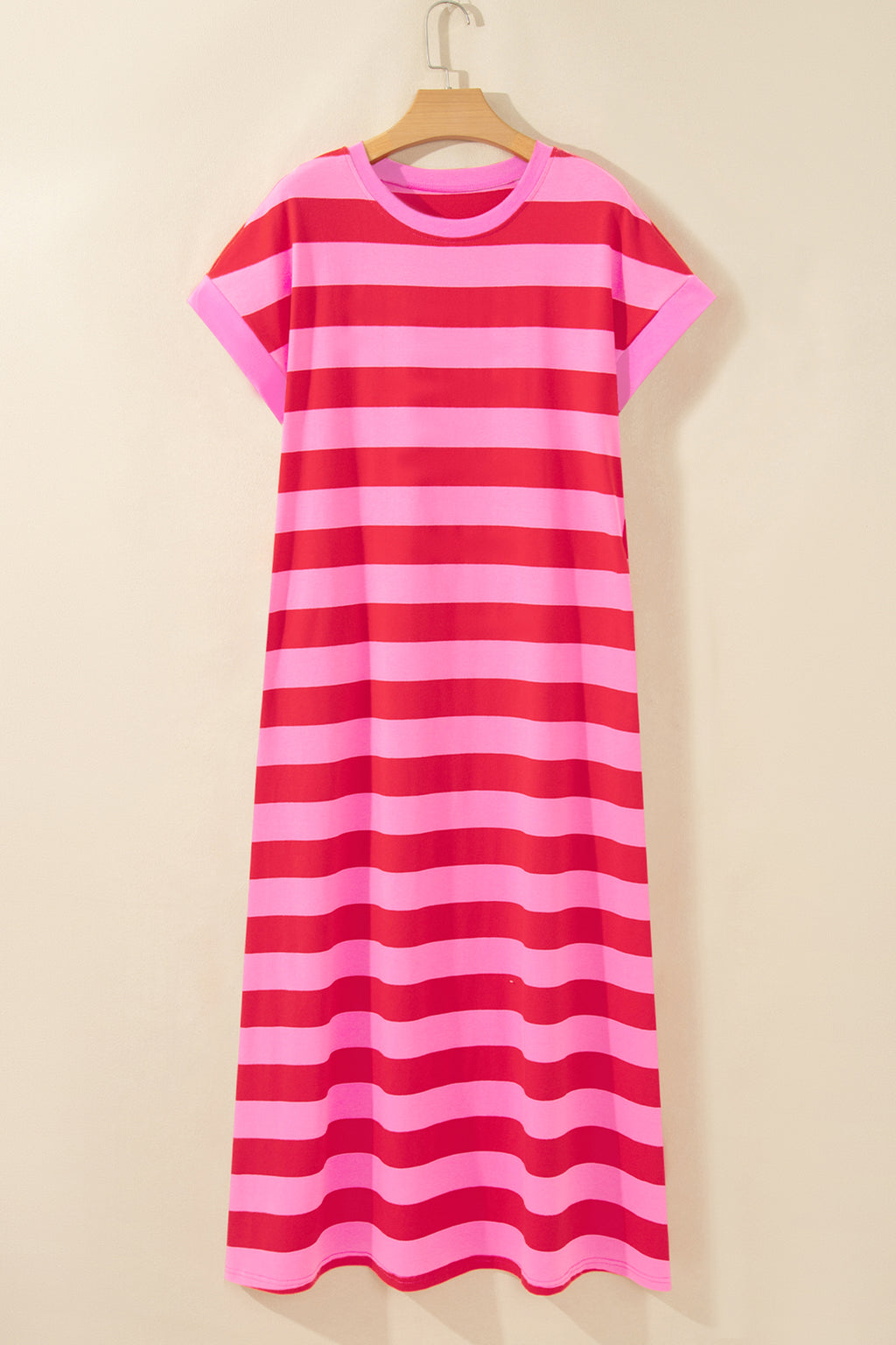 Orange Stripe Cuffed Short Sleeve Pocketed Casual T Shirt Long Dress