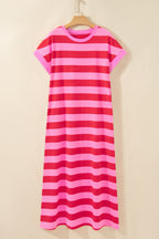 Orange Stripe Cuffed Short Sleeve Pocketed Casual T Shirt Long Dress