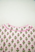 Pink Floral Print V Neck Scallop Trim Button Front Short Sleeve Long Dress