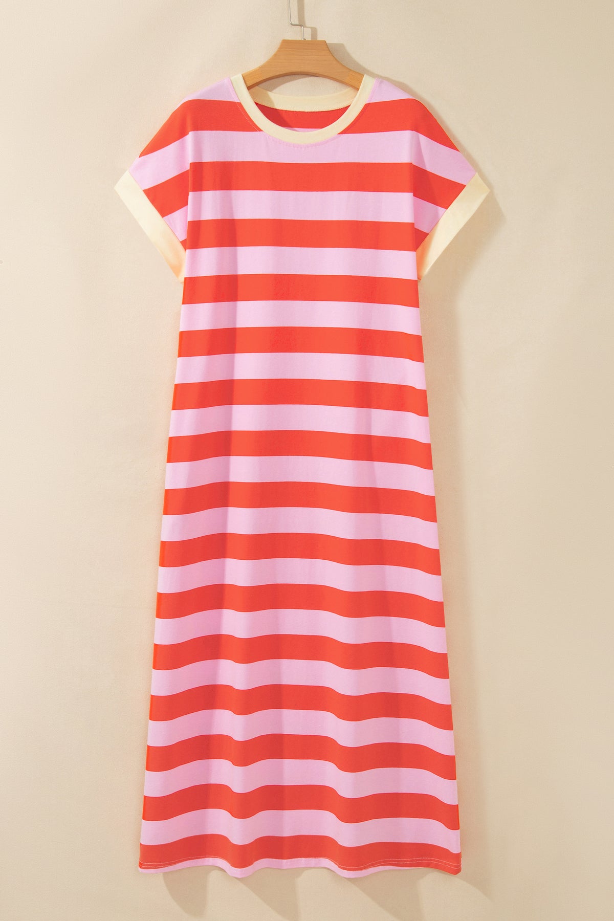 Orange Stripe Cuffed Short Sleeve Pocketed Casual T Shirt Long Dress
