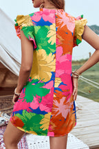 Blue Bold Floral Flutter Sleeve Shift Mini Dress with Pockets