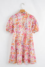 Red Floral Puff Sleeve Notched V Neck Tiered Mini Dress