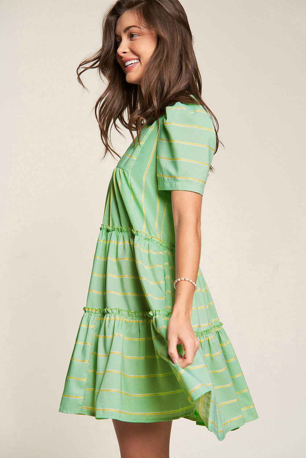 Green Stripe V Neck Short Sleeve Frilled Detail A-line Dress