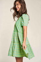 Green Stripe V Neck Short Sleeve Frilled Detail A-line Dress