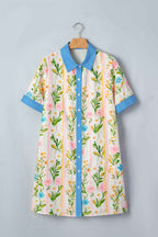 Multicolour Floral Print Striped Trim Button Down Shift Dress