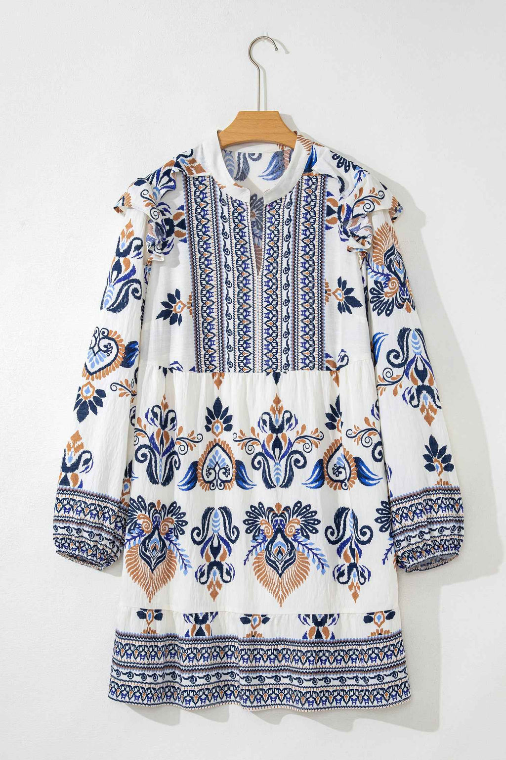 Sky Blue Plus Size Boho Print Split Neck Long Sleeve Mini Dress