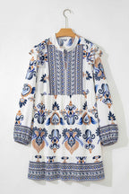 Sky Blue Plus Size Boho Print Split Neck Long Sleeve Mini Dress
