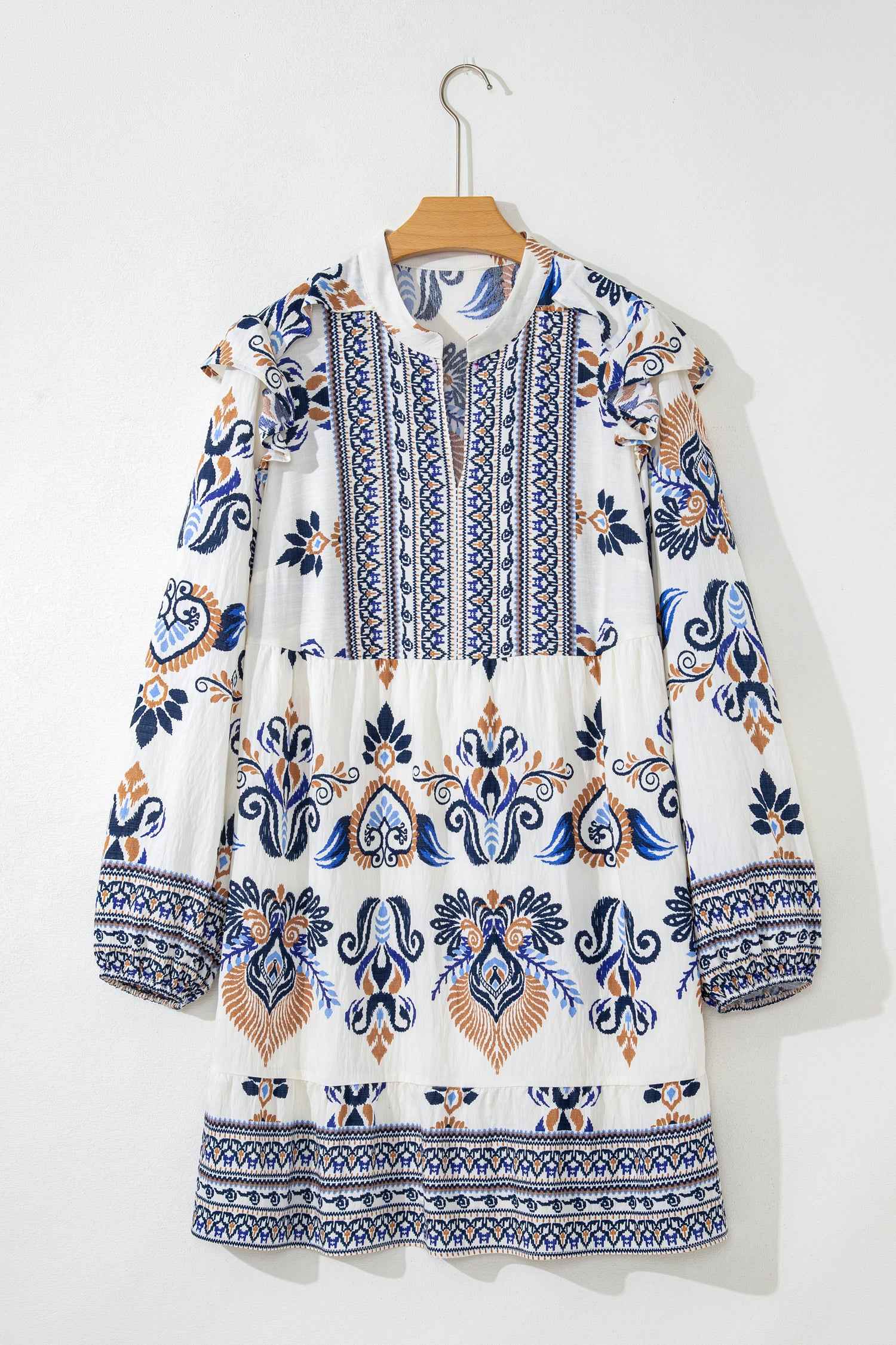 Sky Blue Plus Size Boho Print Split Neck Long Sleeve Mini Dress