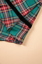 Green Plaid Velvet Trim Pockets Short Shift Dress
