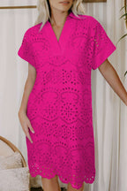 Green Solid Color Eyelet Embroidered T Shirt Mini Dress