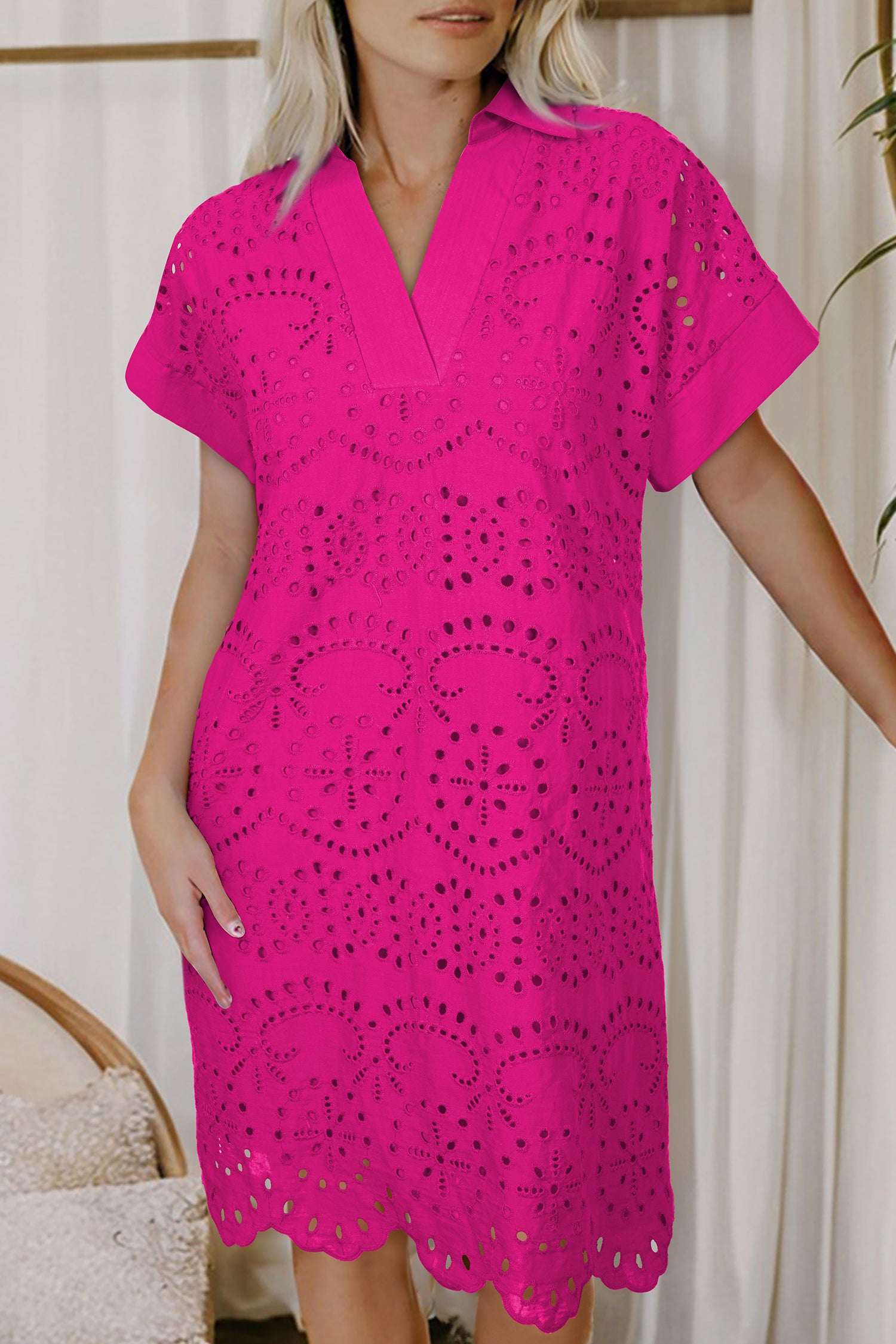 Green Solid Color Eyelet Embroidered T Shirt Mini Dress