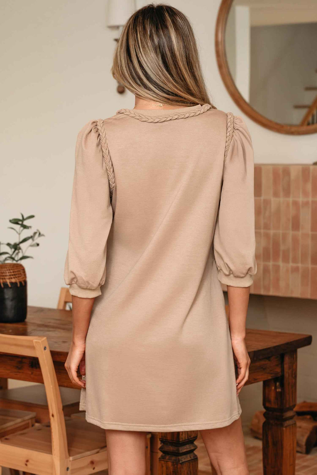 Light French Beige Braided Trim Puff Sleeve Dress