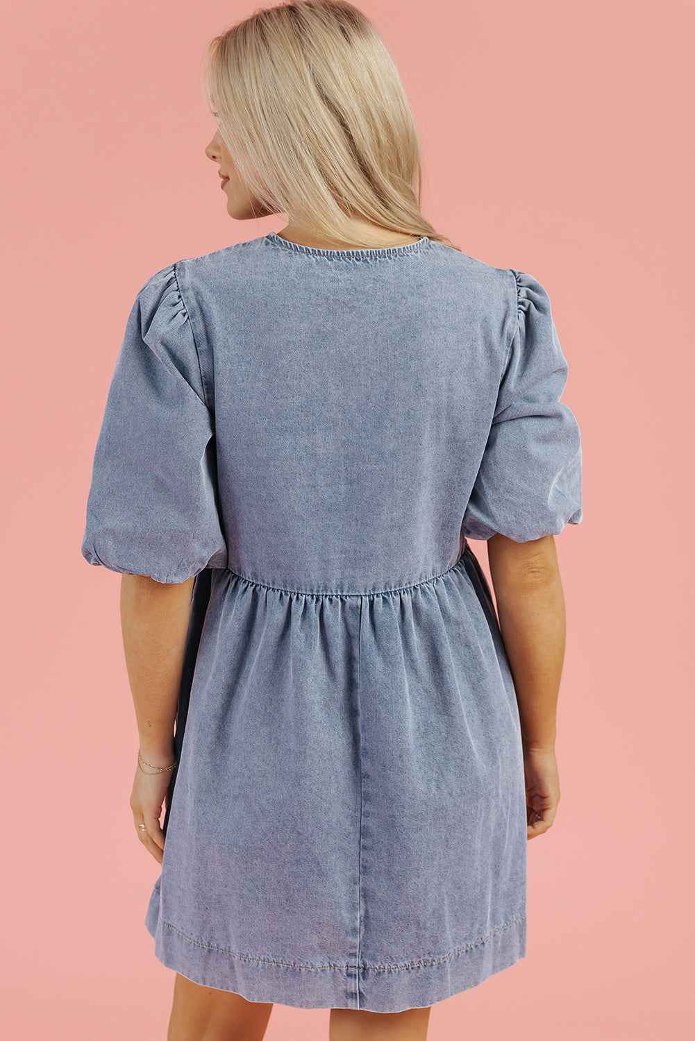 Dusk Blue Bowknot Bubble Sleeve Short Denim Dress
