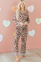 Dearlove Khaki Leopard Print Colorblock Striped Edge Shirt and Pants Pajama Set