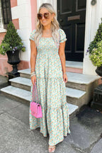 Purple Floral Short Bubble Sleeve Shirred High Waist Maxi Dress