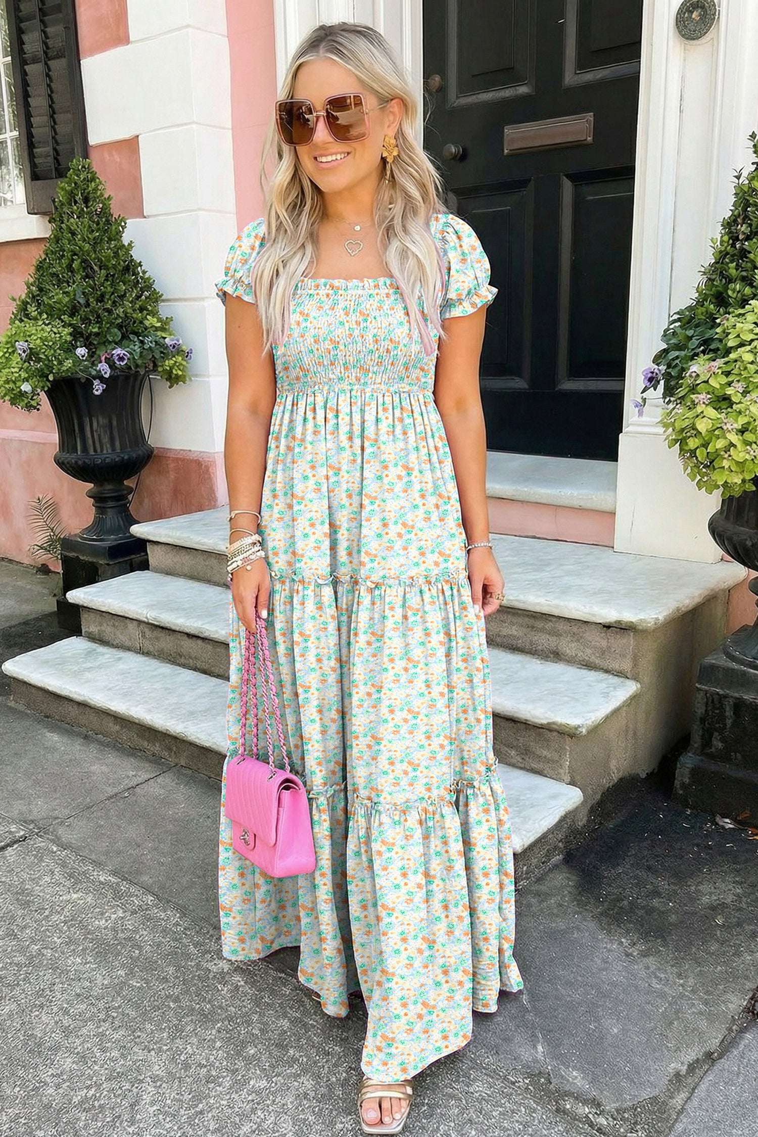 Purple Floral Short Bubble Sleeve Shirred High Waist Maxi Dress