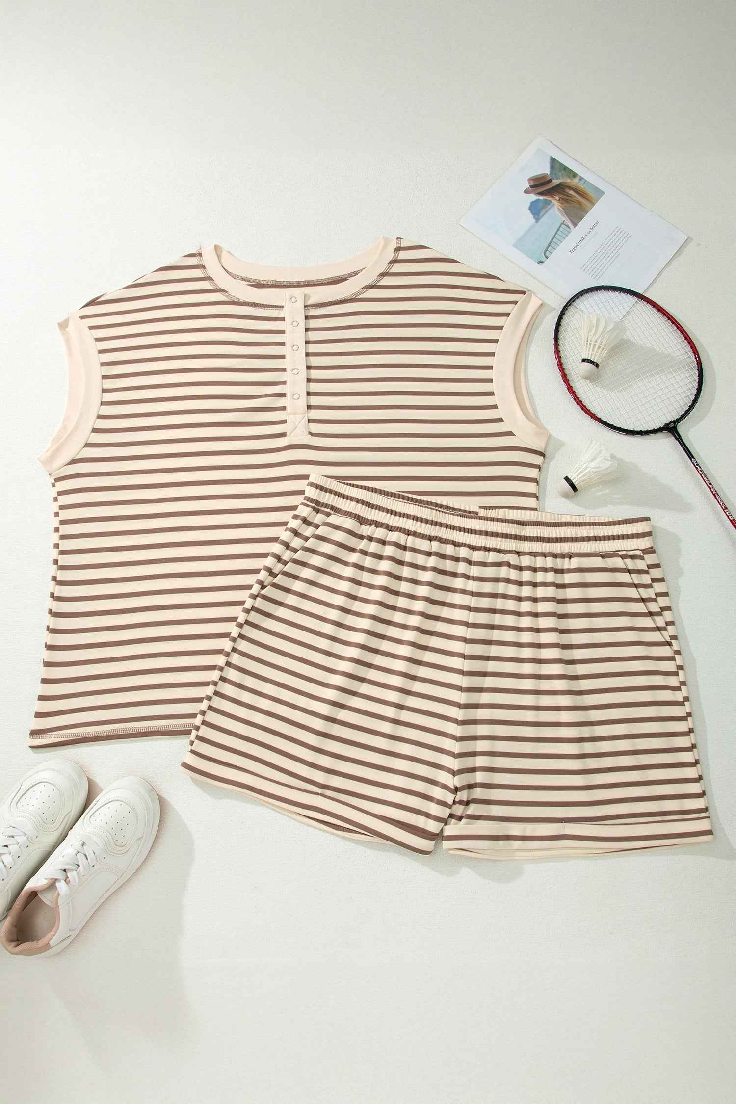 Brown Stripe Plus Size Half Buttons Top and Shorts Set