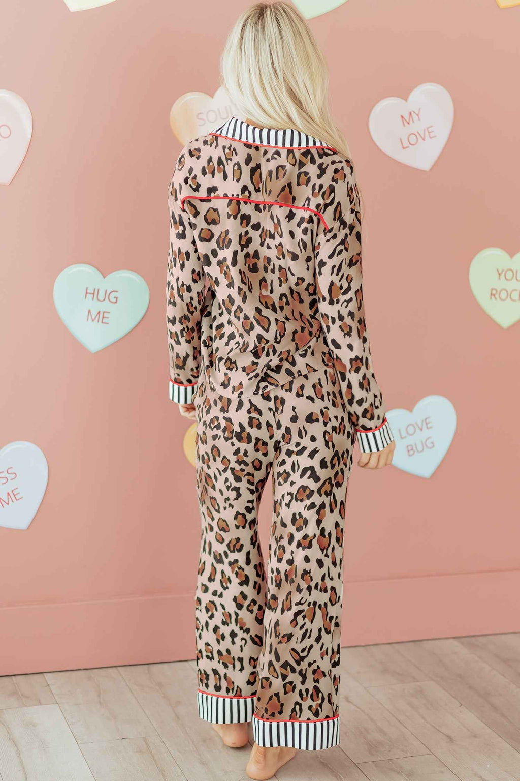 Dearlove Khaki Leopard Print Colorblock Striped Edge Shirt and Pants Pajama Set
