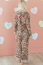 Dearlove Khaki Leopard Print Colorblock Striped Edge Shirt and Pants Pajama Set