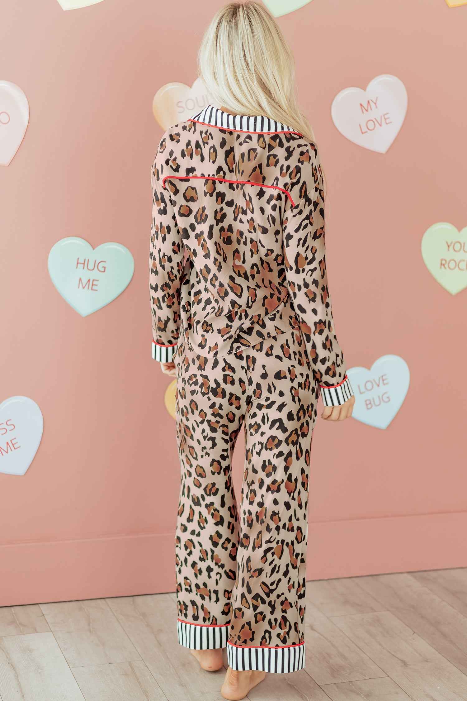 Dearlove Khaki Leopard Print Colorblock Striped Edge Shirt and Pants Pajama Set