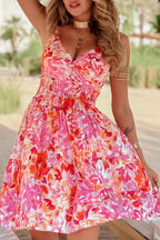 Sky Blue Floral Spaghetti Strap Surplice Neck Shirred Waist Mini Dress
