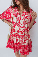 Red Collared V Neck Half Sleeve Loose Flower Mini Dress