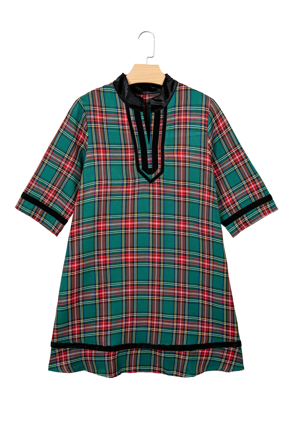 Green Plaid Velvet Trim Pockets Short Shift Dress