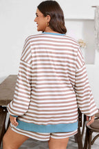 Khaki Stripe Contrast Edge Drop Shoulder Pullover and Shorts Plus Size Set