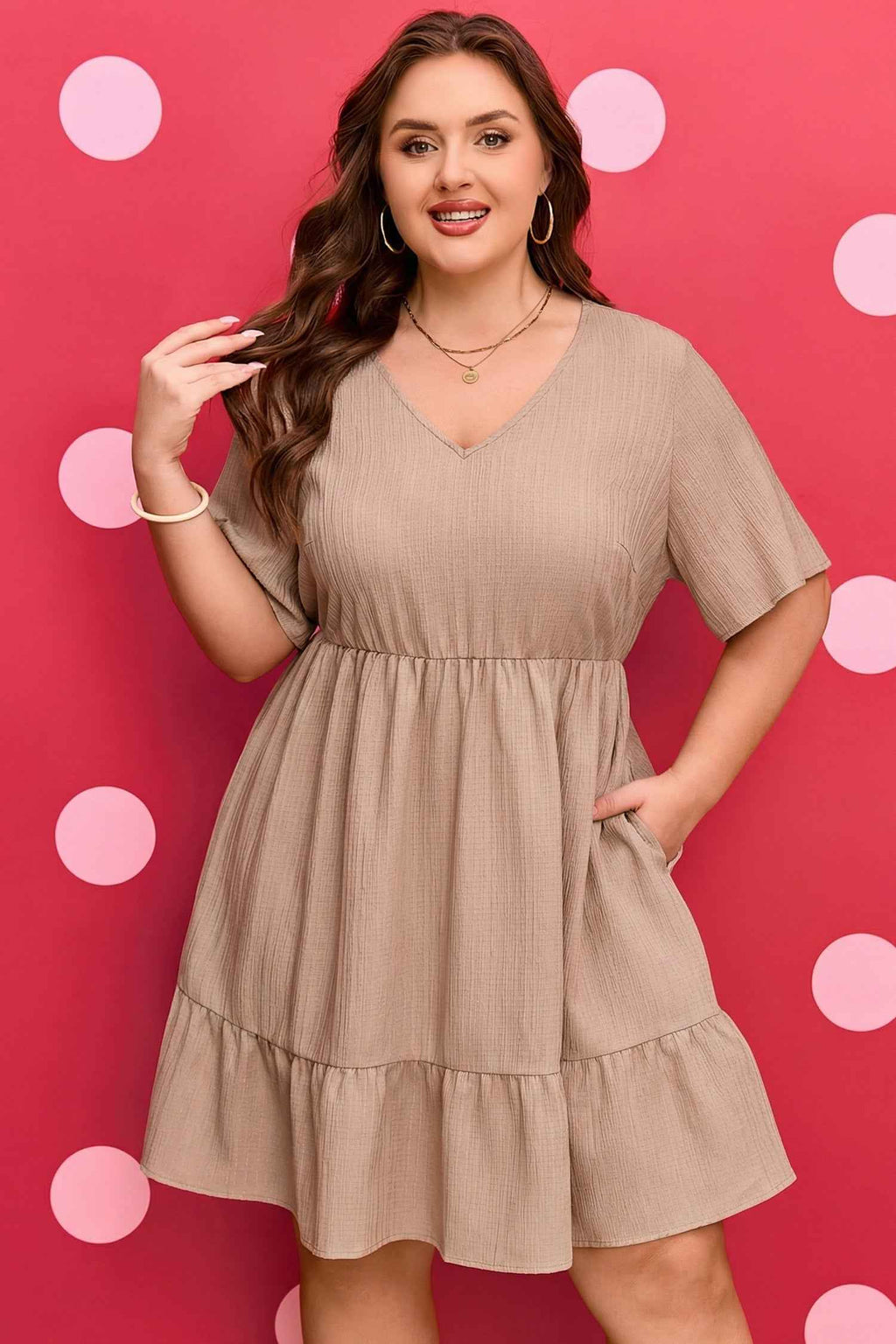 Dark Khaki Plus Size Textured Ruffled Short Sleeve Dress