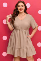 Dark Khaki Plus Size Textured Ruffled Short Sleeve Dress