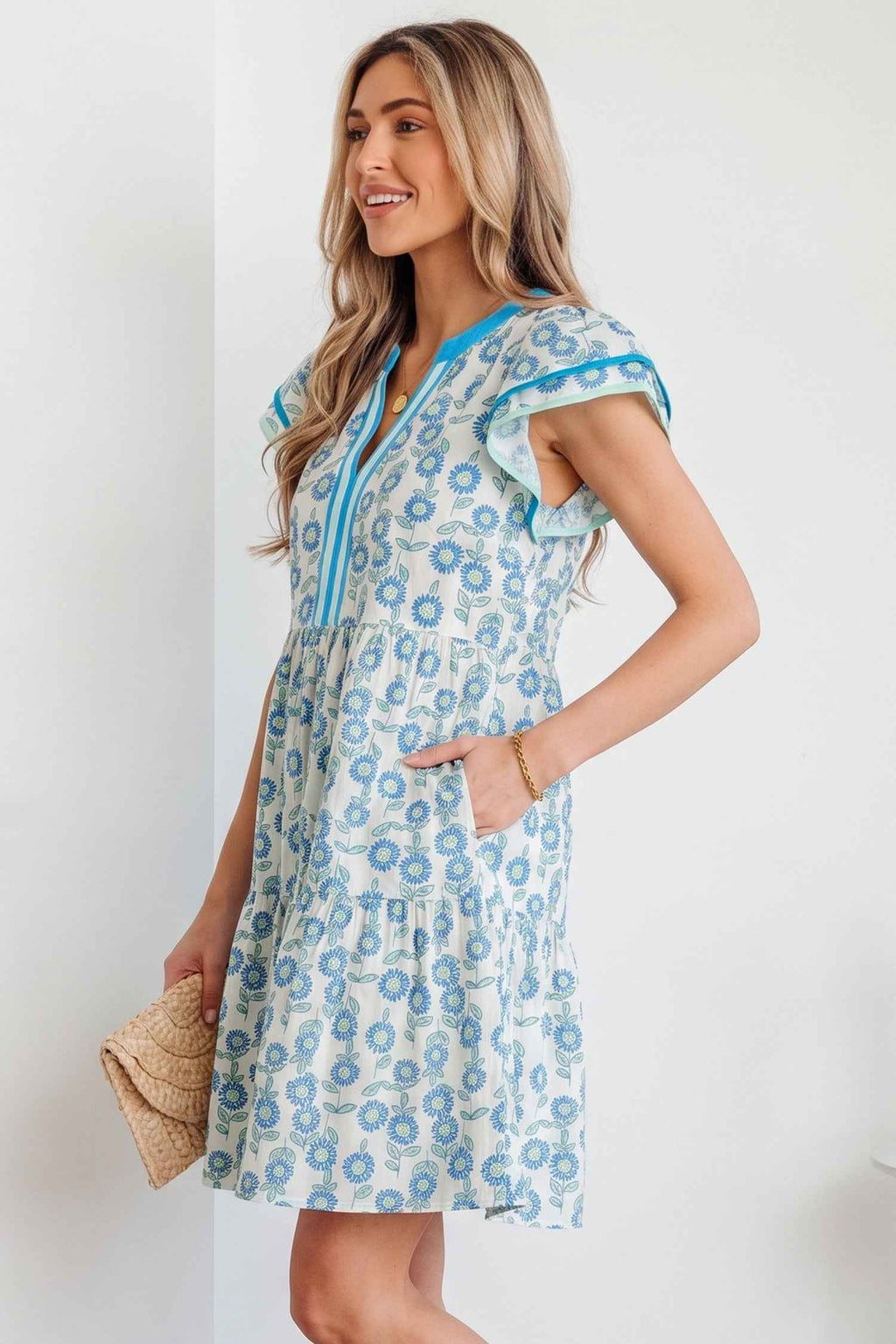 Sky Blue Floral Print Contrast Trim Flutter Sleeve Mini Dress