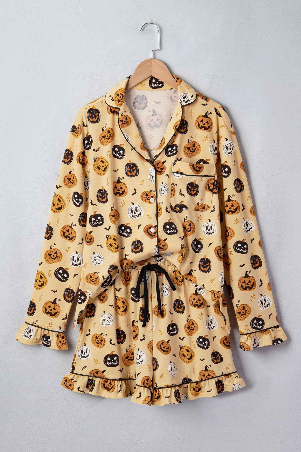 Orange Long Sleeve Ruffle Pumpkin Face Print Two Piece Lounge Set