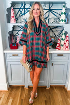 Green Plaid Velvet Trim Pockets Short Shift Dress