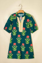 Green Floral Print Contrast Trim Striped Patchwork Short Sleeve Dress