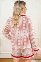 Red Sweet Floral Heart Bow Print Contrast Trim Long Sleeve Shirt Pajama Short Set