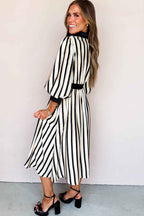 Black Stripe 3/4 Puff Sleeve Shirt Style Button Down Midi Dress