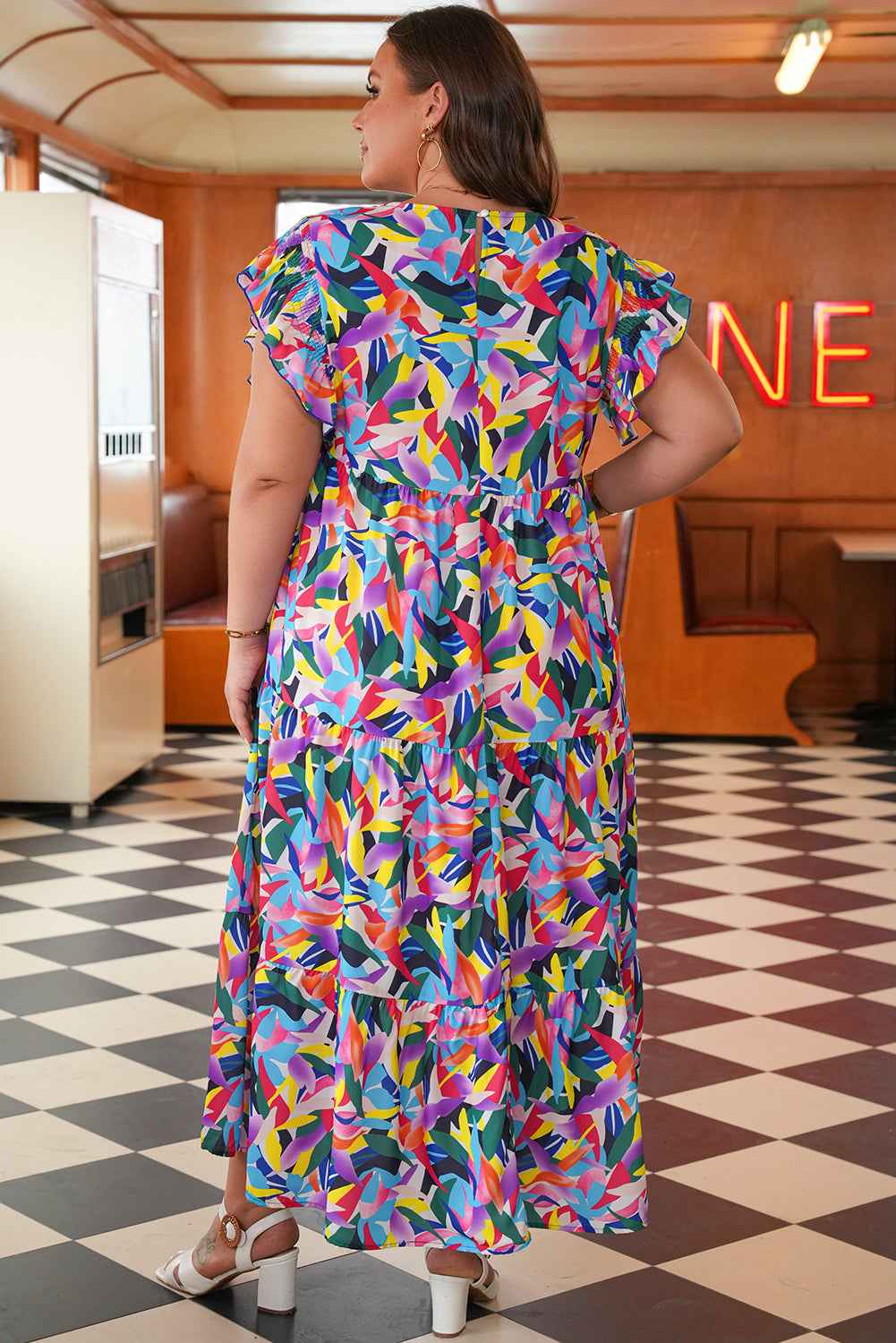 Blue Geometric Print Ruffled Short Sleeve Plus Size Tiered Maxi Dress