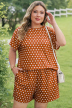 Brown Polka Dot Print Dropped Shoulder Tee Plus Size Short Set