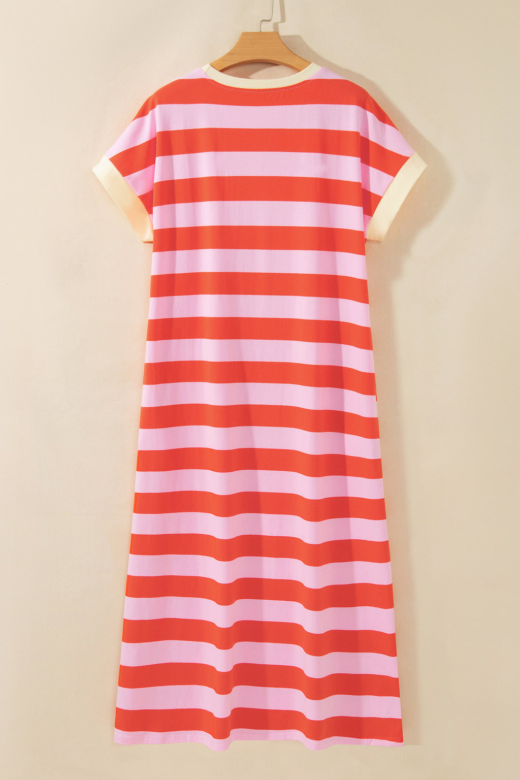 Orange Stripe Cuffed Short Sleeve Pocketed Casual T Shirt Long Dress