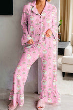 Pink Christmas Print Ruffled Ribbed Shirt & Pants 2 Piece PJ Set