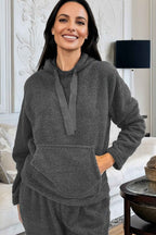 Medium Grey Fuzzy Drawstring Hoodie Lounge Pants 2pcs Set