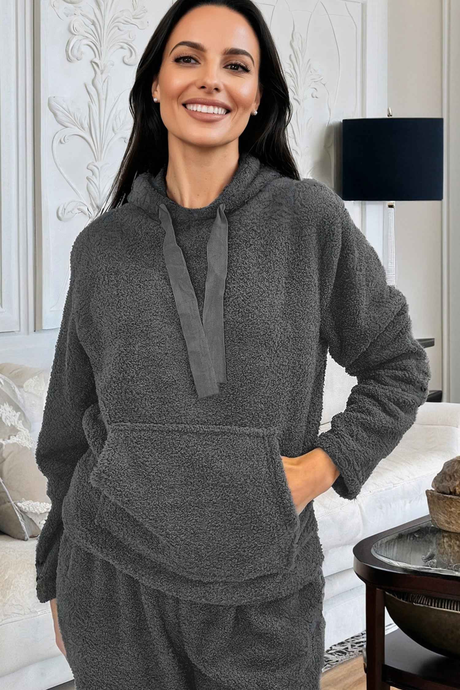 Medium Grey Fuzzy Drawstring Hoodie Lounge Pants 2pcs Set