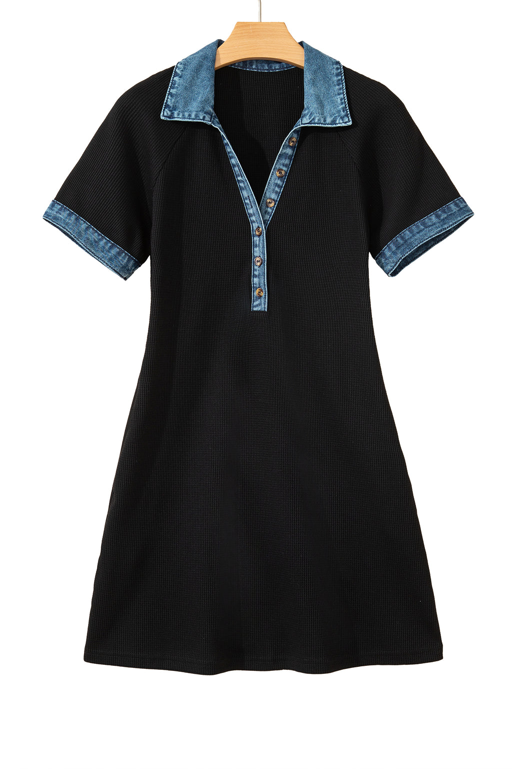 Black Waffle Knit Denim Contrast Trim Patchwork Button Polo Tee Dress