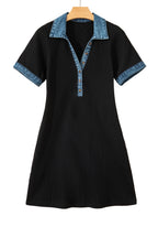 Black Waffle Knit Denim Contrast Trim Patchwork Button Polo Tee Dress